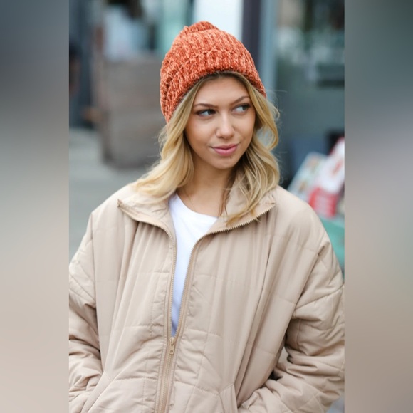 Rust Knit Velvet Chenille Fold Over Beanie - Picture 3 of 10